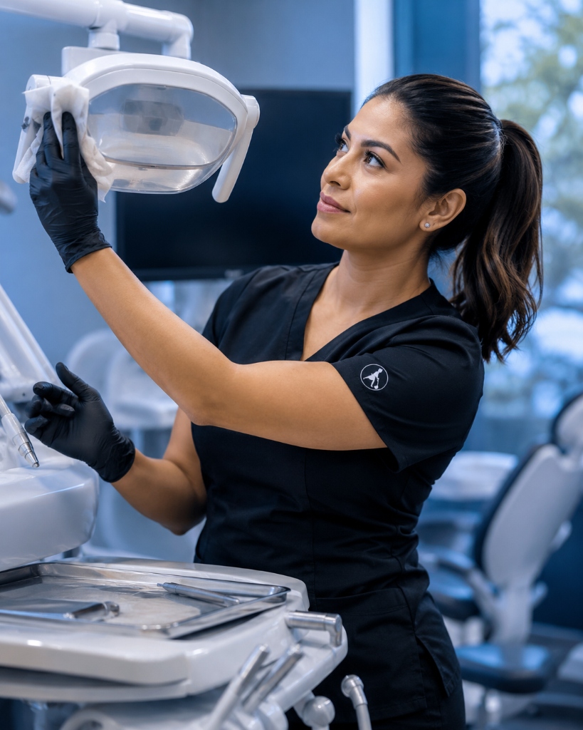 Professional dental office cleaning technician in Houston sanitizing clinical equipment