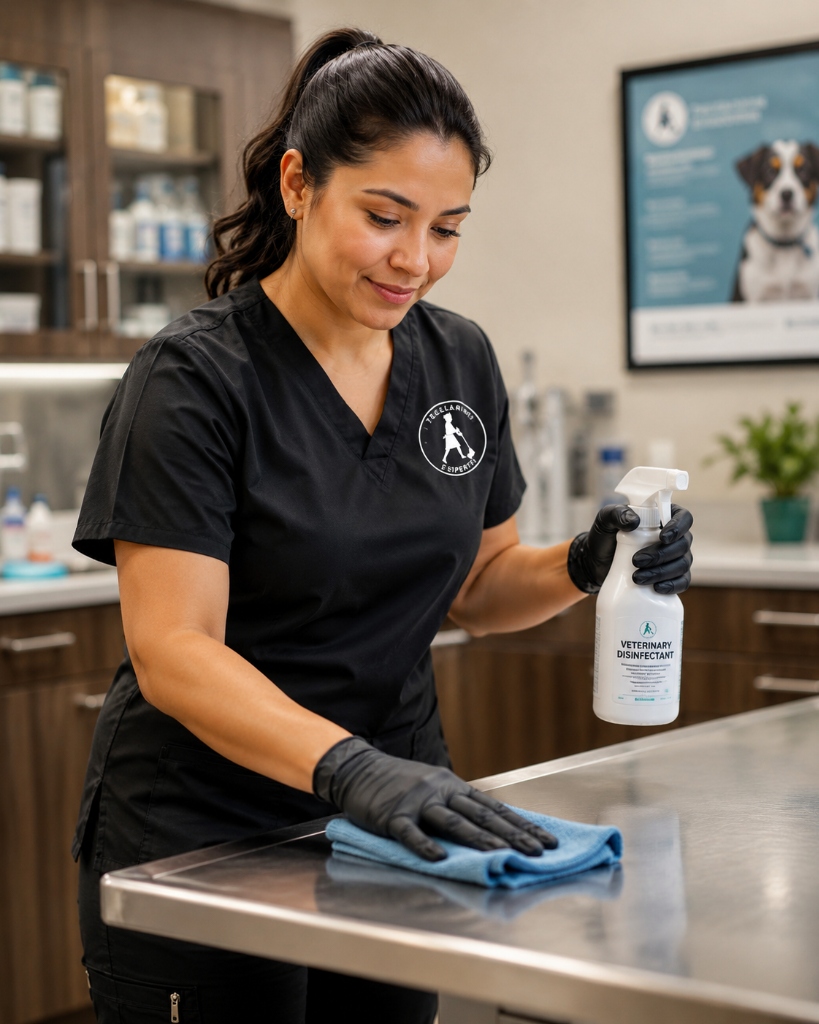 Expert veterinary clinic cleaning technician in Houston disinfecting stainless steel examination tables